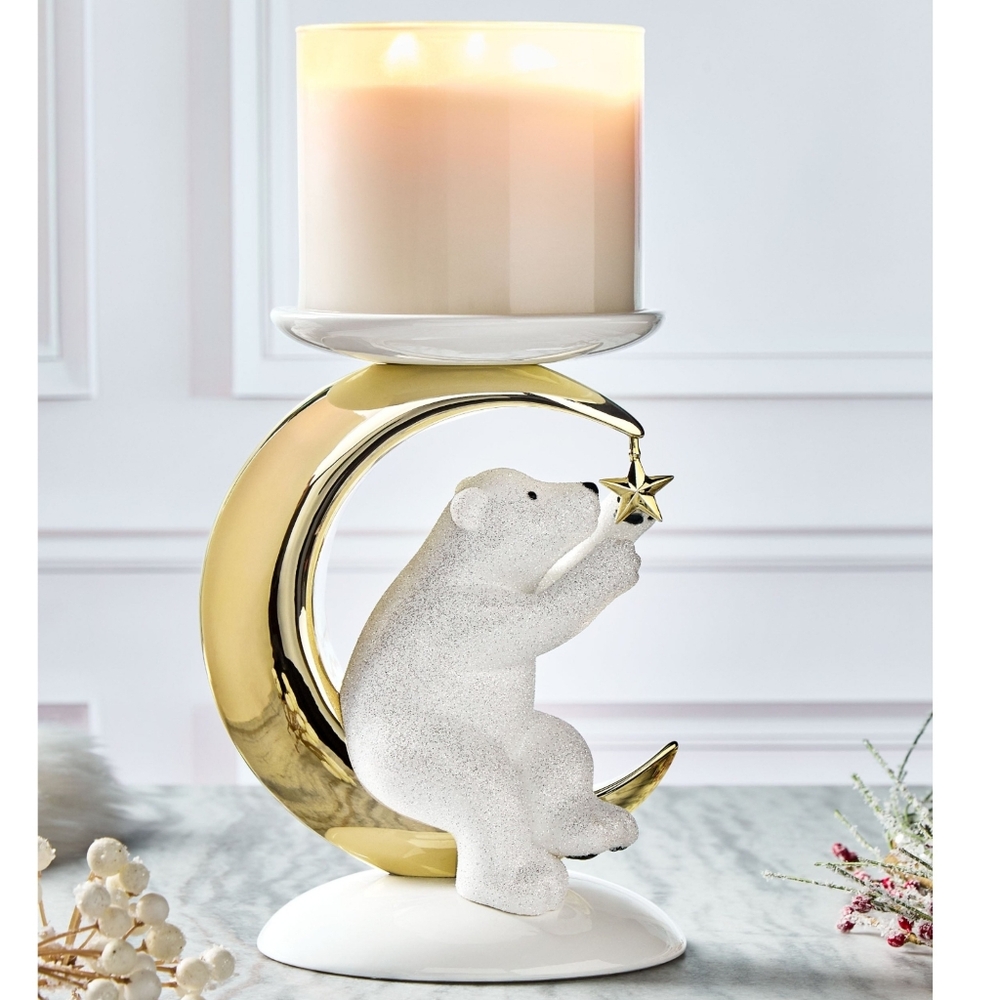 Bath Body Works Glitter Polar Bear on Gold Moon Star Candle Holder Pedestal NEW